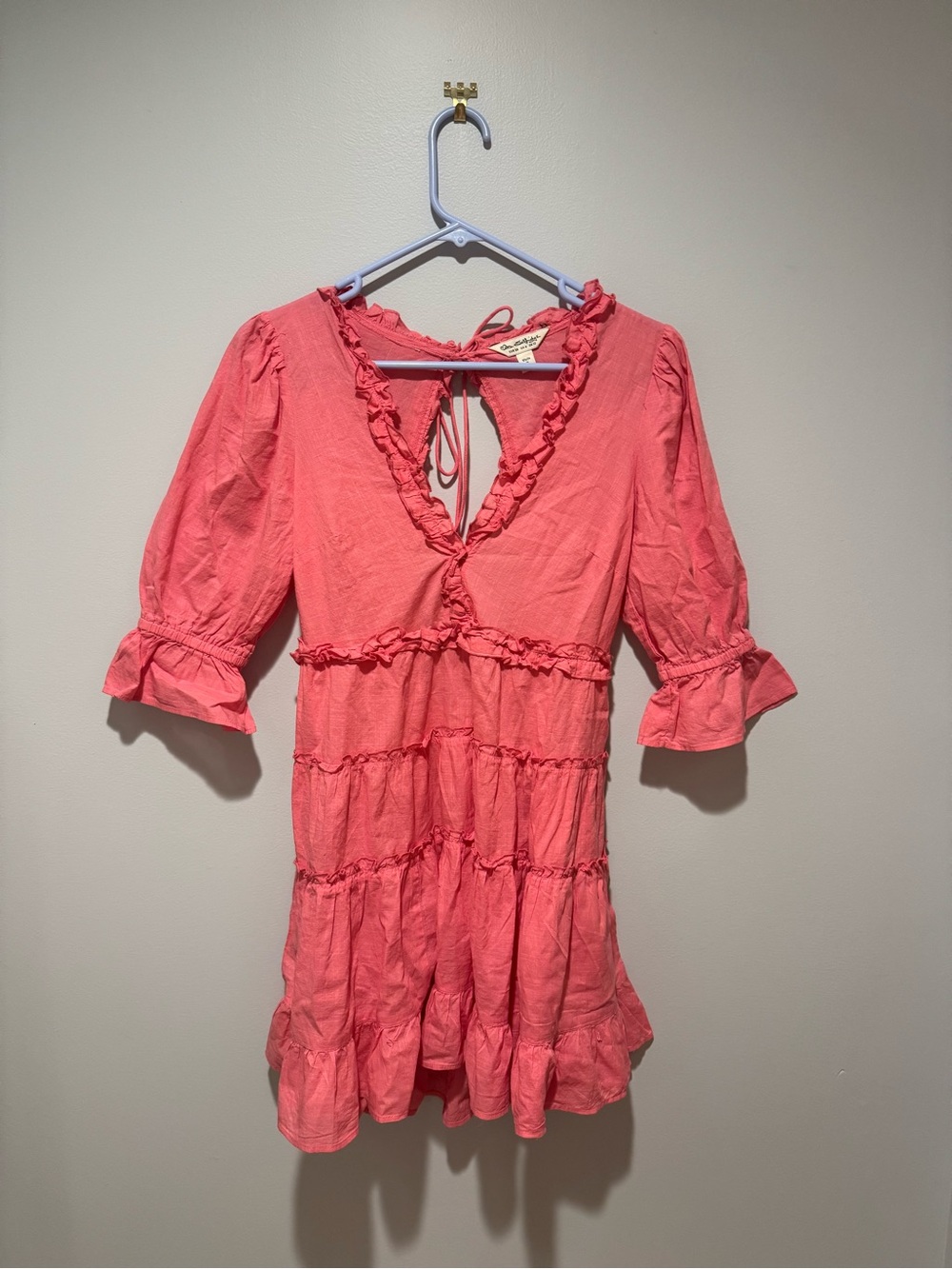 Pink Ruffle V Neck Tiered Tunic Dress Size US 6 100% Cotton Boho Mini Dress
